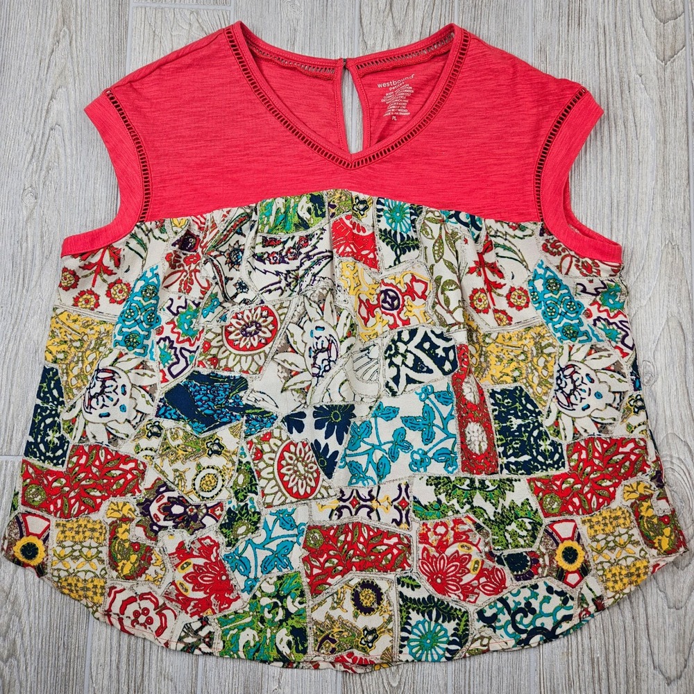 Westbound Petites Red Patchwork Print Peasant Blouse‎ Size PL